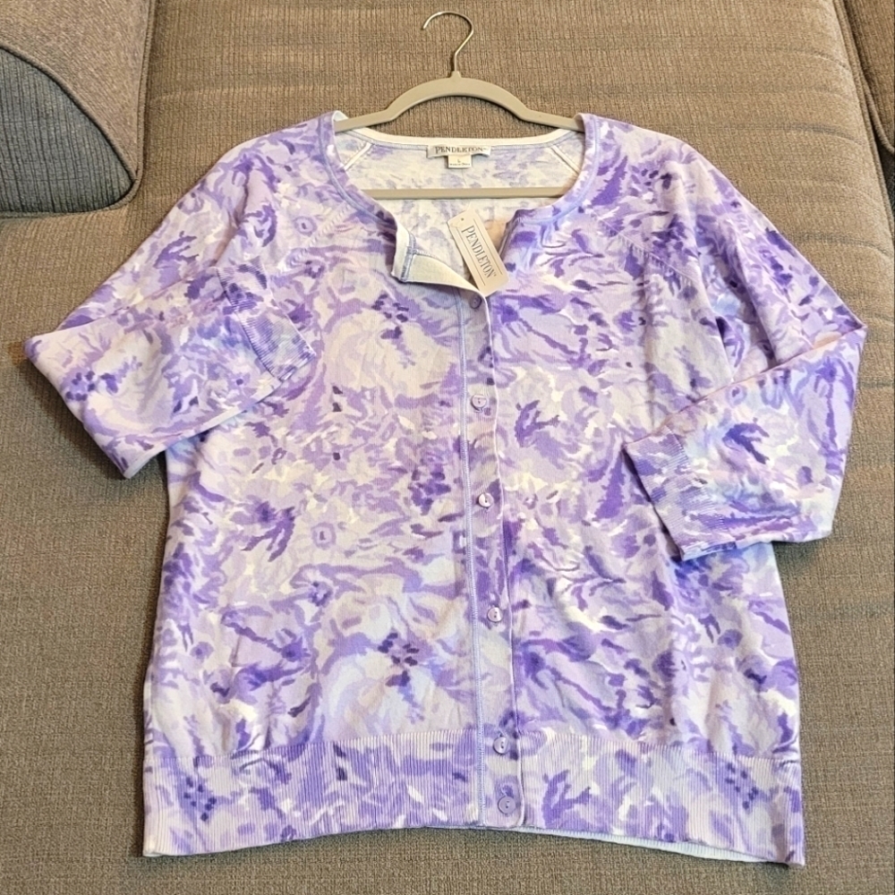 Pendleton Petal Power Purple White Floral Casual Button Down Sweater Size Large